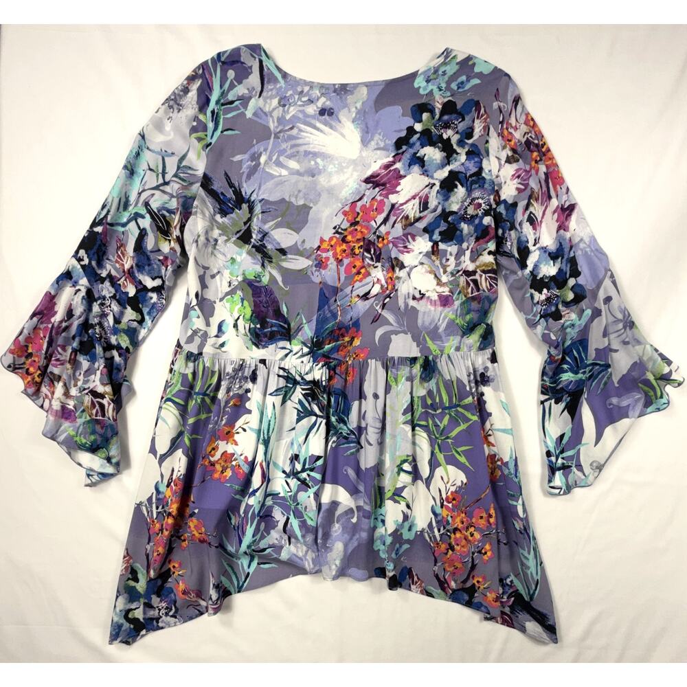 Cupio floral tunic V-neckline tiered ruffle sleeves Sz L - Picture 7 of 12
